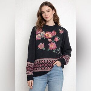 Vintage Hand Loomed Floral Intarsia Sweater Black Pink M/L Cottagecore 80s
